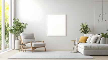 Fototapeta premium Stylish and Contemporary Living Room Interior with Clean Lines and Minimalist Decor Featuring a Frame Mockup in ISO A Size