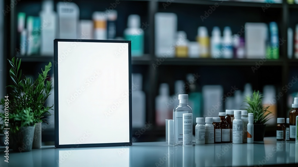Poster a wooden table displaying a clear bottle of medicine and an empty signboard ready for custom labelin