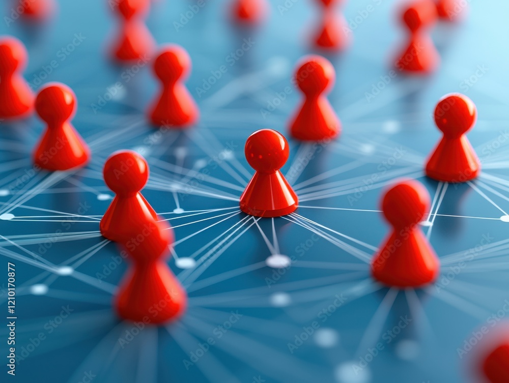 Poster red game pieces connected by lines on a blue background, symbolizing networking and social connectio