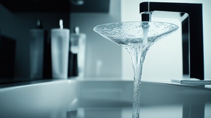 Modern bathroom sink, water flowing, aerator, clean design, background bottles