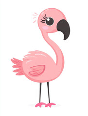 A cartoon flamingo with a pink body and red feathers. 