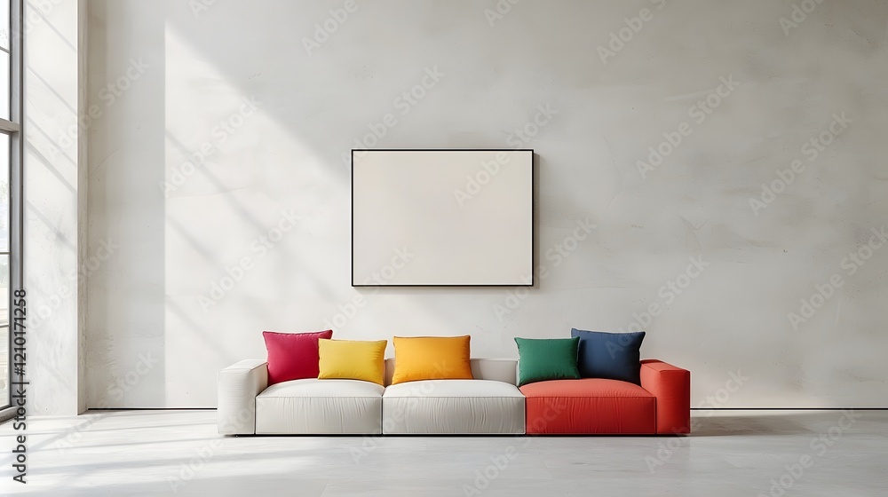 Aufkleber Mockup of a frame display in a clean and modern living room setting featuring a colorful sofa with bold throw pillows and a minimalist wall design showcasing a contemporary and stylish interior decor
