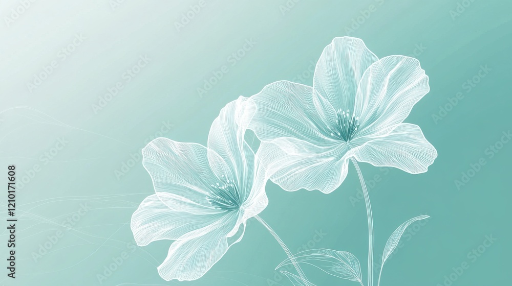 Aufkleber Delicate outlines of white flowers on a soft pastel background create a calming visual experience in a serene setting