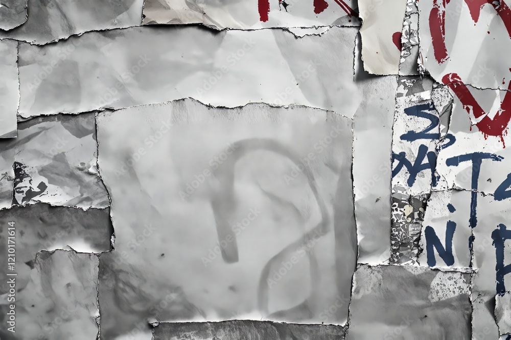 Poster torn paper collage with graffiti elements on a textured background.