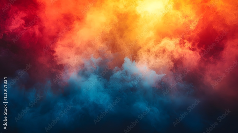 Poster Swirling vivid fog and smoke in a dramatic and cinematic background with a blend of fiery red orange yellow and cool blue hues creating a moody atmospheric and surreal visual effect