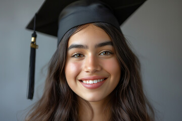 A woman with a black graduation cap and gown is smiling