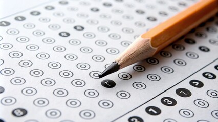 A close-up view of a pencil resting on a multiple-choice answer sheet, ready for testing