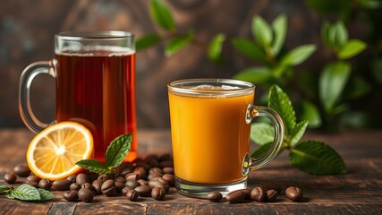 An assortment of caffeinated beverages including coffee, tea, and energy drinks to provide a boost of energy, tea, pep up, vigor