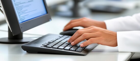 Hands typing on keyboard, office computer screen, blurred background, website design