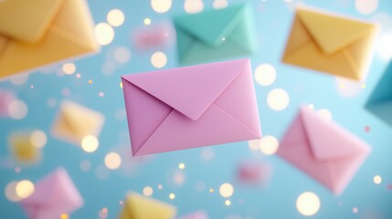 Colorful envelopes in various hues appear to float against a sparkling, glittery backdrop