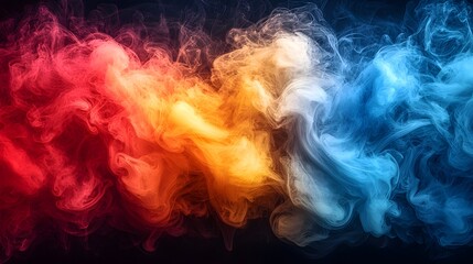 Fototapeta premium Atmospheric abstract background featuring colorful swirling smoke and fog in bold red orange yellow and blue hues The dynamic ethereal