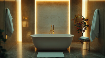 Luxurious marble bathroom with freestanding tub and gold fixtures, serene and spa-like