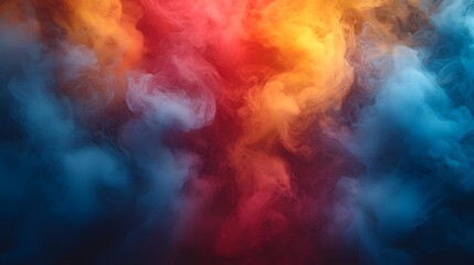 Fototapeta premium Mesmerizing Swirling Smoke and Fog in Bold Red Orange Yellow and Blue Hues Atmospheric Abstract Background with Dramatic Surreal and Ethereal Vibes