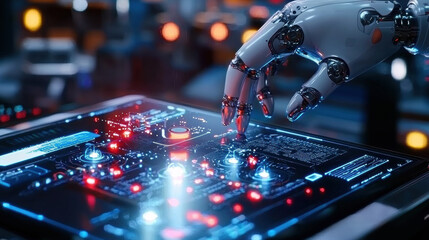Fototapeta premium Robotic hand interacting with high tech interface, showcasing advanced technology