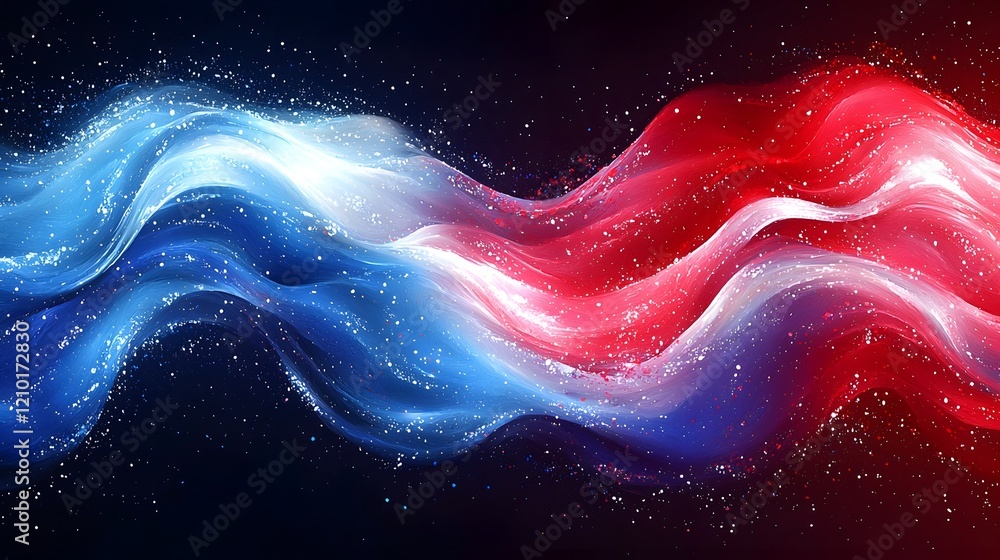Poster Vibrant and Fluid Abstract Background with Flag Inspired Waves of Colorful Satin Like Textures and Lights  Dynamic Composition with Flowing Energetic Lines and Luminous Tones of Red White and Blue