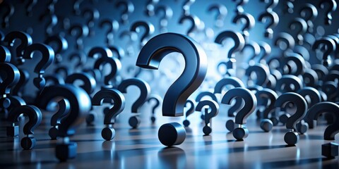 Numerous metallic question marks scattered across a reflective surface, symbolizing uncertainty and the search for answers.
