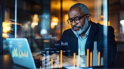 Executive focused on laptop while analyzing data trends in a modern office setting