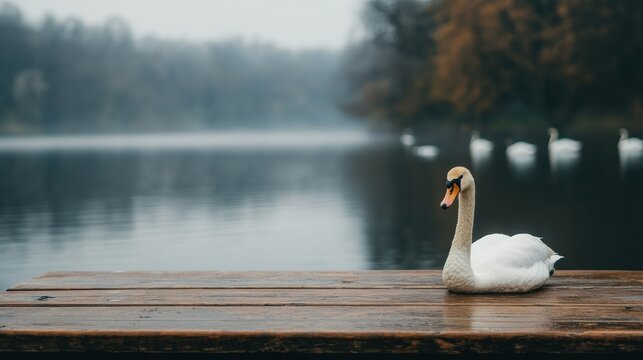 White swan resting on wooden pier, misty lake and autumn trees in background