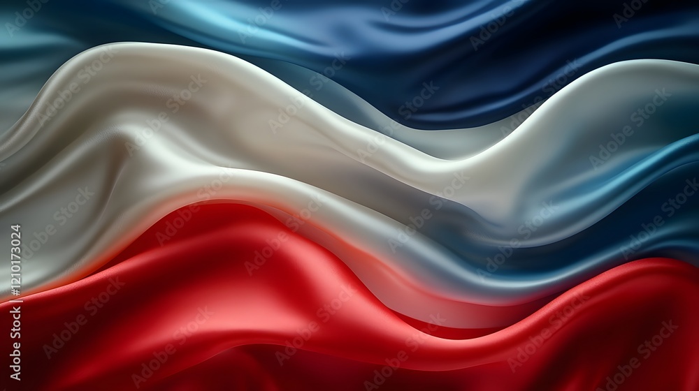 Poster Smooth silk like fabric in a flowing dynamic abstract flag design with vibrant red white and blue colors creating a sense of elegant movement and premium luxury