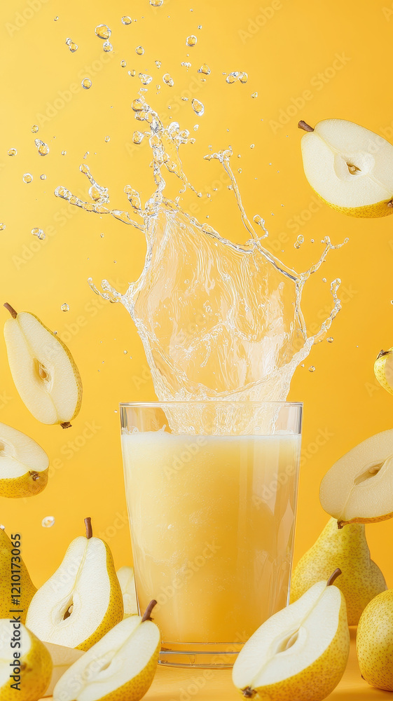 Poster fresh pear juice splash in glass with pear slices on vibrant yellow background, creating refreshing 