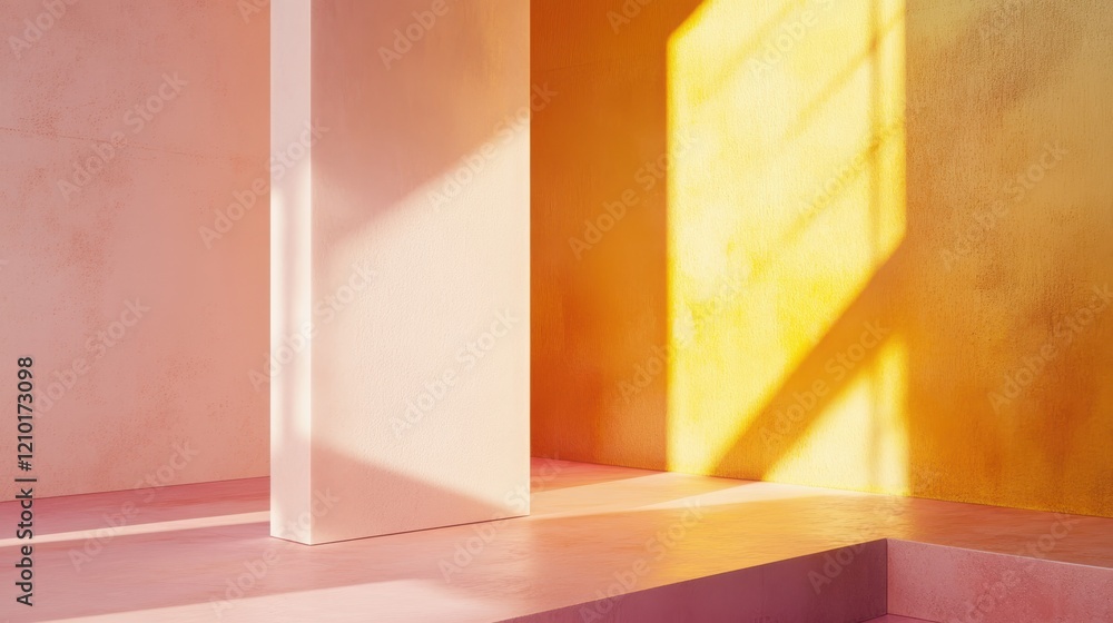 Aufkleber minimalist composition featuring amber and pink shapes with clean edges illuminated by soft light