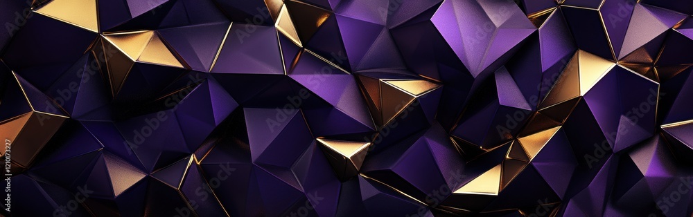 Poster low-poly geometric pattern in rich deep shades with golden accents creating a modern and striking de