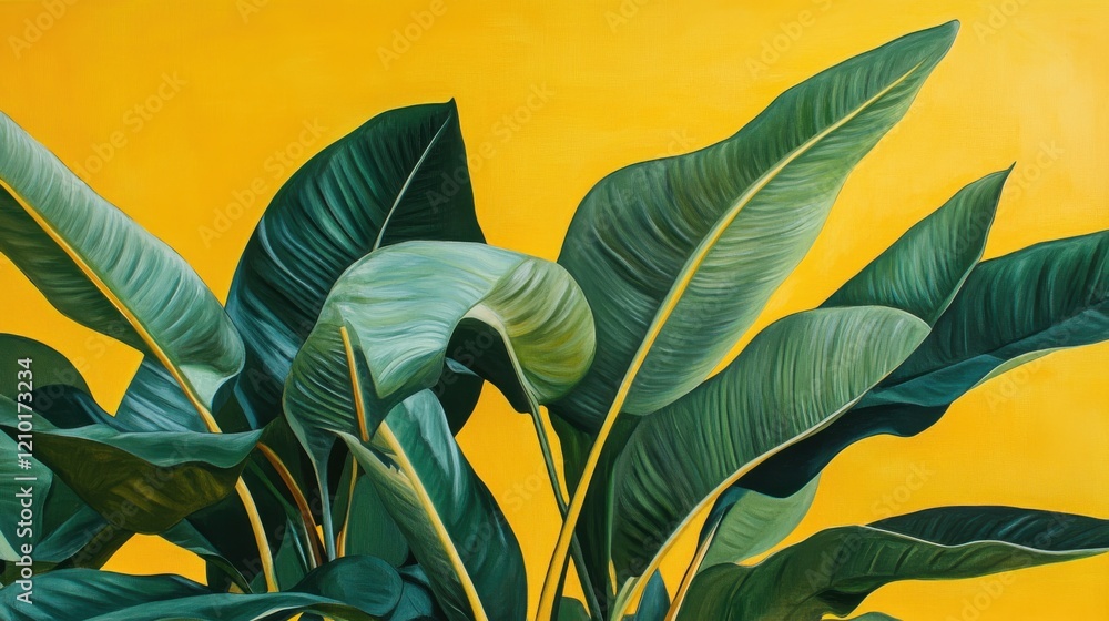 Poster lush emerald green leaves with vibrant yellow background creating a stunning visual contrast and vib