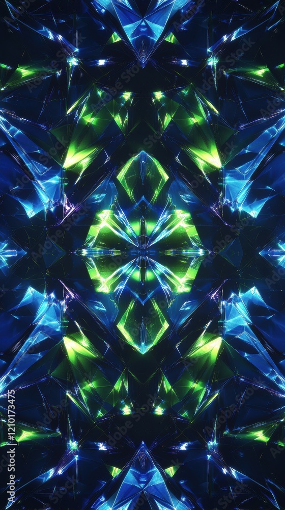 Poster Futuristic low-poly design featuring vivid electric blue and green patterns in a symmetrical arrangement