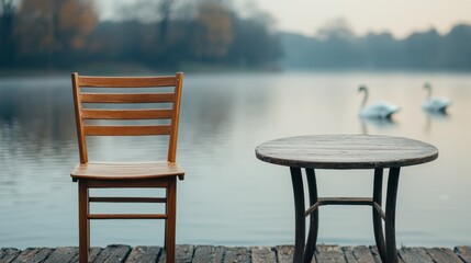 Empty table and chair inviting to relax by the lake with swans