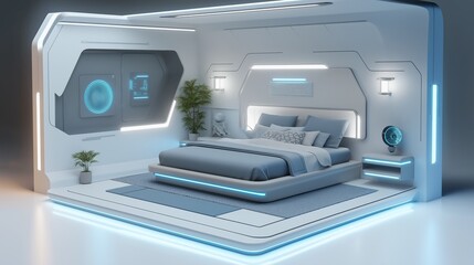 Fototapeta premium An isometric perspective of a modern, minimalist bedroom.