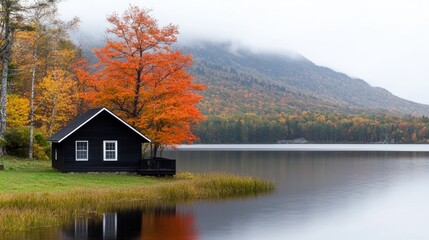 Autumn lake house, mountain backdrop, tranquil scene; peaceful getaway