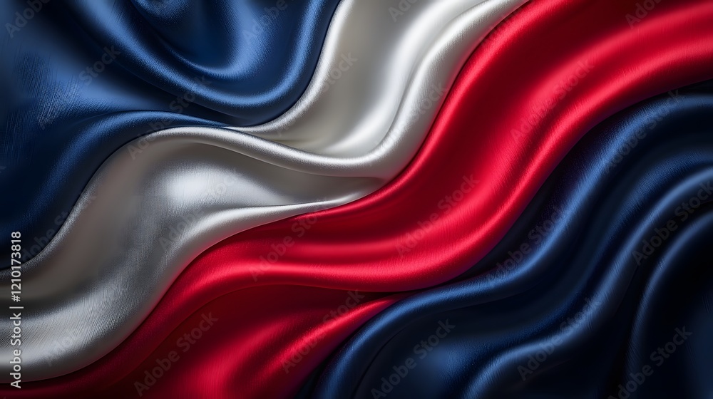 Aufkleber Flowing silk like texture in a dynamic and elegant design featuring abstract red white and blue colors reminiscent of a patriotic flag  The smooth shiny and fluid pattern creates a modern