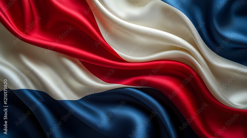 Poster flowing and dynamic abstract background with red white and blue silk like textured fabric creating a