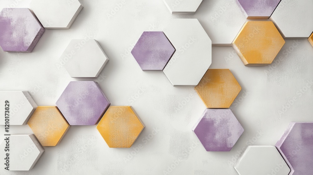 Poster unique pencil resting on an elegant white background surrounded by geometric shapes and colors