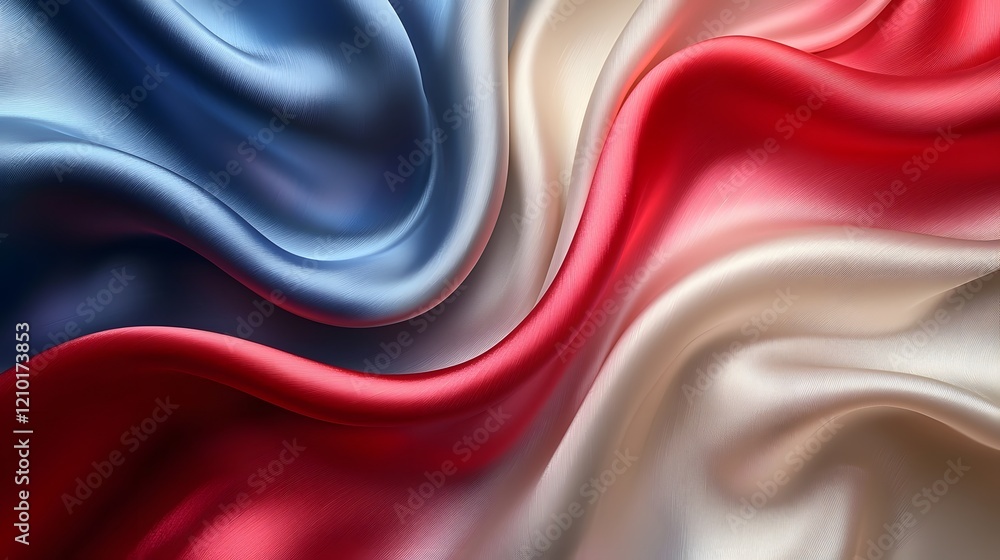 Poster Flowing silk like texture of vibrant red white and blue abstract flag colors creating a dynamic and elegant background  The abstract design features a smooth