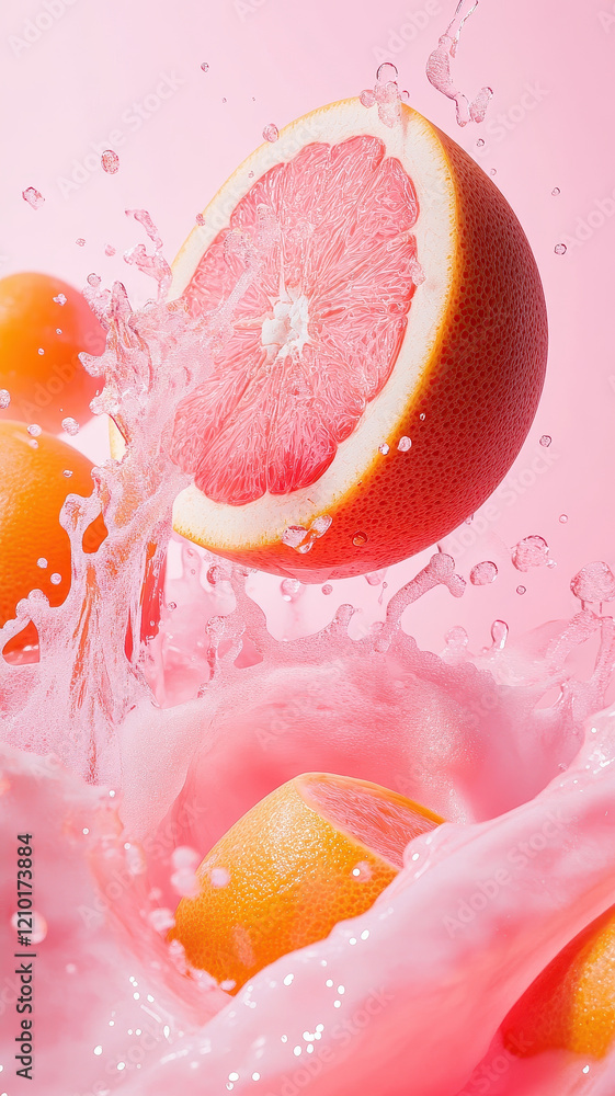 Aufkleber fresh grapefruit and oranges splash in vibrant pink juice, creating lively and refreshing scene. dyn