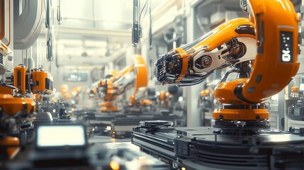Fototapeta premium Automated Robotic Assembly Line in Modern Factory