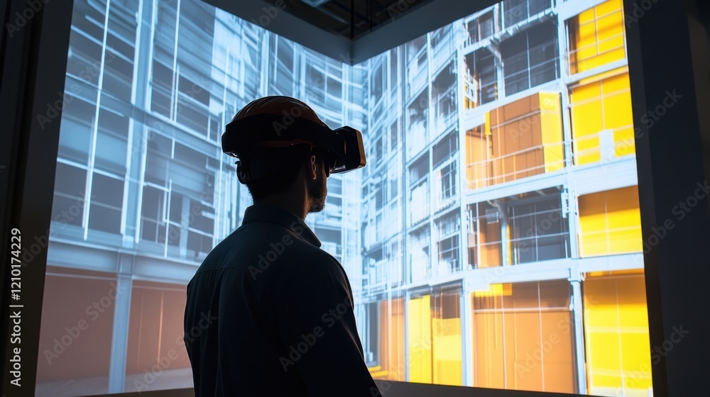 Poster architect wearing a vr headset and hardhat is immersed in a virtual architectural model projected on