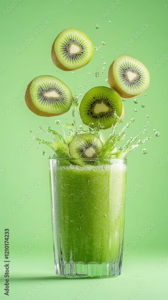 Poster vibrant kiwi smoothie splashes in crystal glass, surrounded by fresh kiwi slices and bubbles, creati