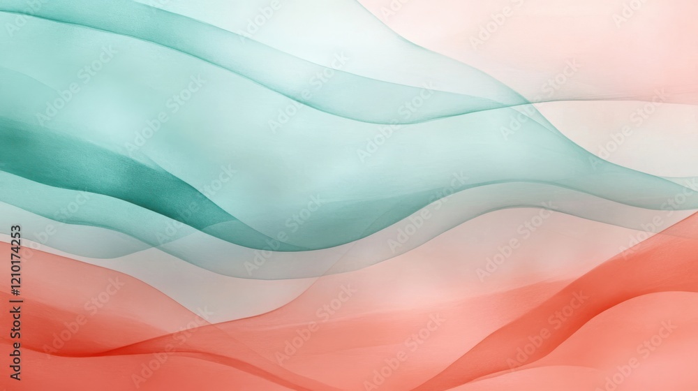 Poster Elegant gradient with flowing pencil strokes in soft turquoise and coral colors creating a serene backdrop