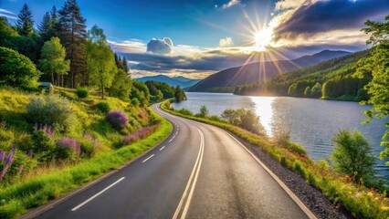 Obraz premium Scenic winding road alongside a tranquil lake at sunset, surrounded by lush greenery and vibrant wildflowers