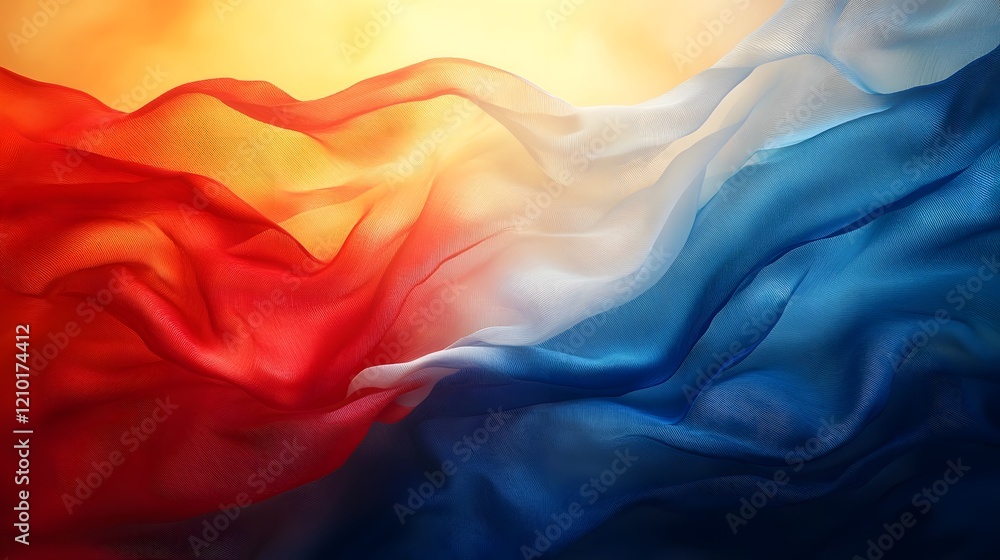 Poster abstract flag background with soft flowing silk textures in a dynamic patriotic color palette of red white and blue capturing the elegant motion of a waving flag in a contemporary digital design