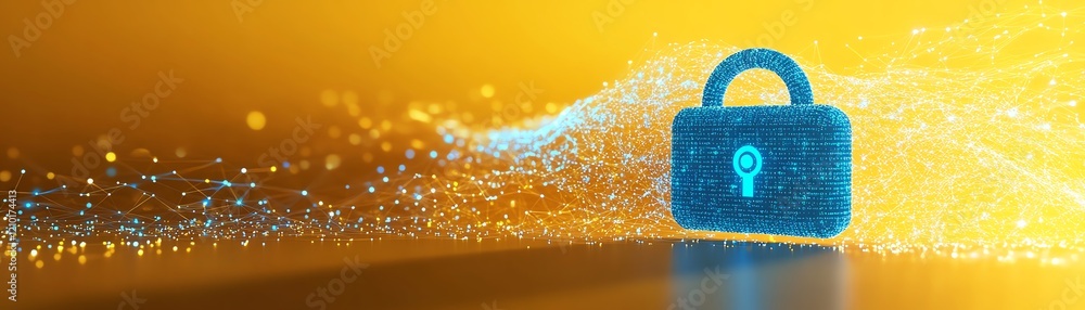 Poster virtual security concept with blue dotted digital lock and tech icons, isolated on yellow background