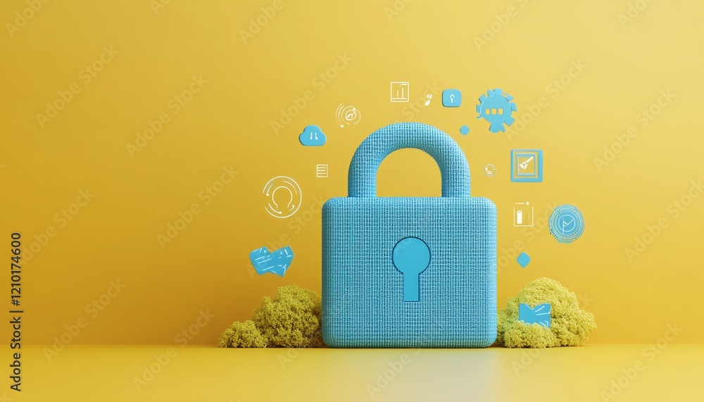 Poster 3d rendering of a digital lock in blue dotted design, surrounded by tech icons on yellow background,