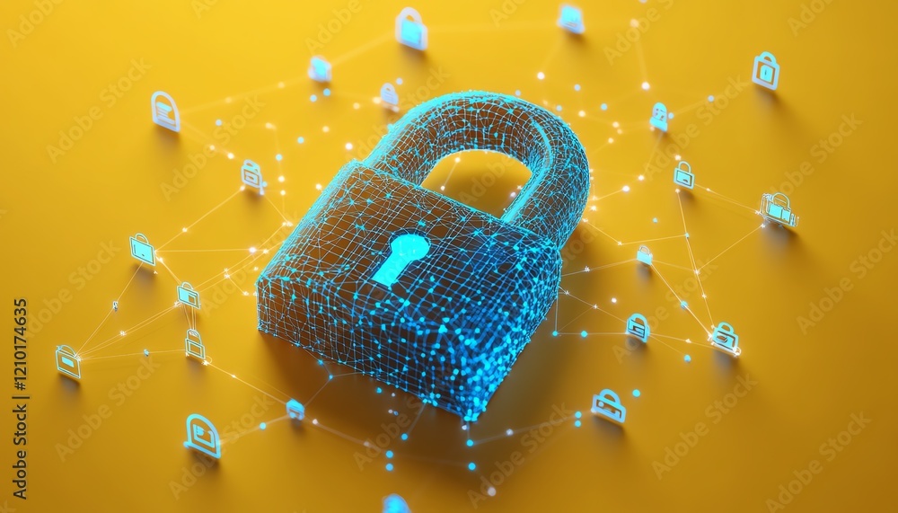 Poster 3d rendering of a digital lock in blue dotted design, surrounded by tech icons on yellow background,