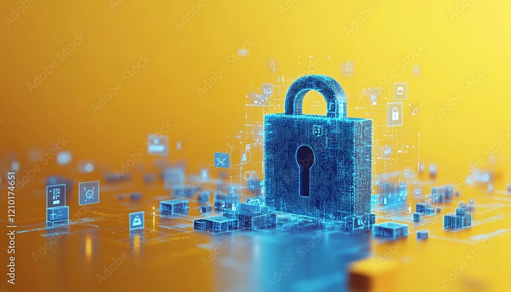 Poster 3d rendering of a digital lock in blue dotted design, surrounded by tech icons on yellow background,