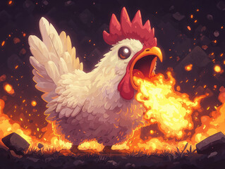 dramatic cartoon scene of giant chicken breathing fire amidst flames, showcasing vibrant colors and whimsical atmosphere