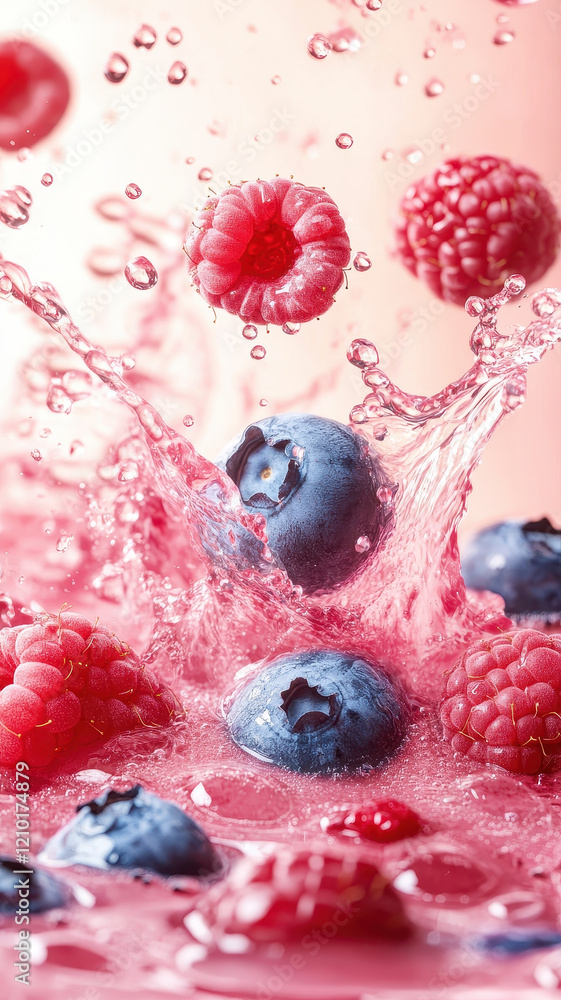 Poster fresh mixed berry juice splash with blueberries and raspberries creating vibrant and refreshing scen