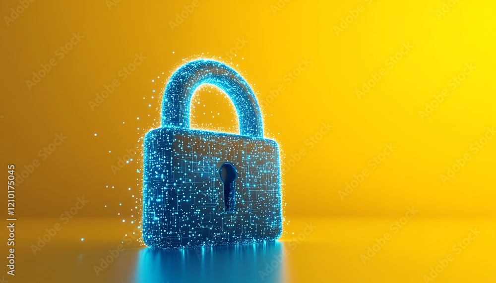 Poster blue dotted digital lock with tech icons, isolated on yellow background, 3d rendering of virtual sec