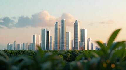 A modern city skyline features sleek skyscrapers against a backdrop of soft clouds and greenery, showcasing urban development and architectural beauty.